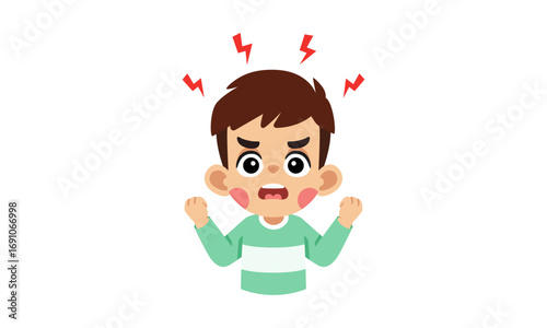 Cartoon illustration of an angry boy with clenched fists and red lightning bolts above his head, expressing frustration.