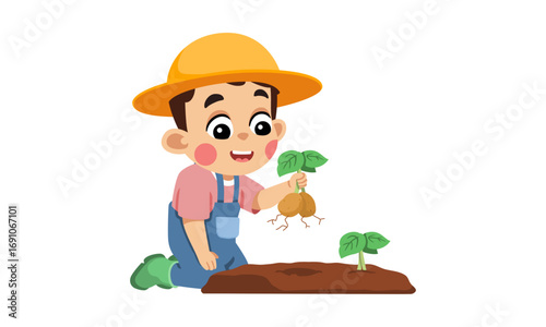 Cartoon illustration of a young boy planting a potato in the ground.