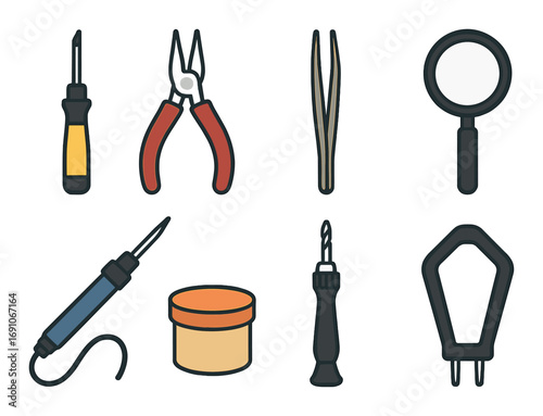 Colorful collection of hand tools with screwdriver, pliers, tweezers, magnifying glass, and drill