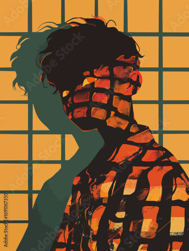 Modern graphic art of a figure's portrait with an abstract orange pattern, casting a deep shadow on a yellow grid wall