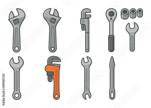 Collection of various wrenches and tools on metallic background