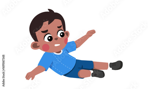 A cartoon illustration of a young boy with a worried expression falling backwards onto the ground.