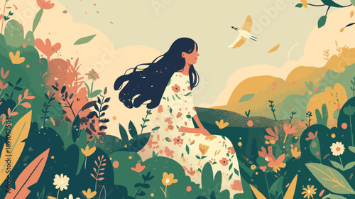 Peaceful illustration Woman in vibrant spring garden, surrounded by colorful flora. She finds serenity and natural beauty with a graceful bird under a soft sky