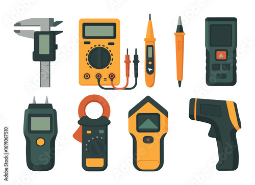 Digital measurement tools set with caliper multimeter and infrared thermometer