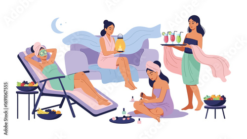 Luxury Spa Day Scene: Serene women indulge in relaxation, pampering themselves with rejuvenating treatments, refreshing cocktails, and tranquil moments of bliss.