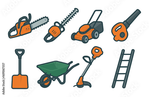 Cartoon garden tools set: chainsaw, lawnmower, leaf blower, shovel, wheelbarrow, ladder