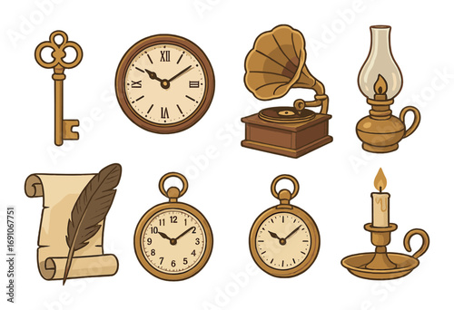Vintage objects collection featuring clock, gramophone, and oil lamp in sepia tones