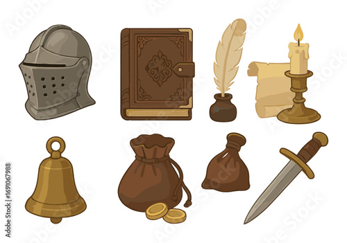 Medieval icons set with helmet, book, quill, candle, bell, coin purse, and dagger