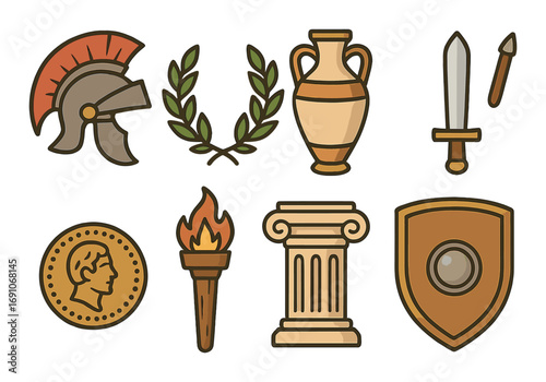Ancient roman symbols set featuring helmet, laurel, vase, sword, coin, torch, column, and shield