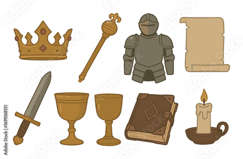 Medieval objects collection with crown sword armor goblets and scroll