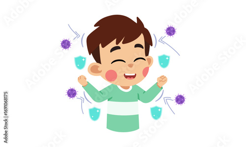 A happy boy with a strong immune system, protected by shields deflecting viruses, illustrating health and defense.
