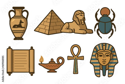 Ancient egyptian symbols and artefacts with pharaoh, sphinx, and hieroglyphs
