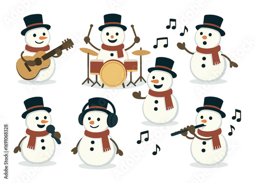 Cheerful snowman band with musical instruments and notes