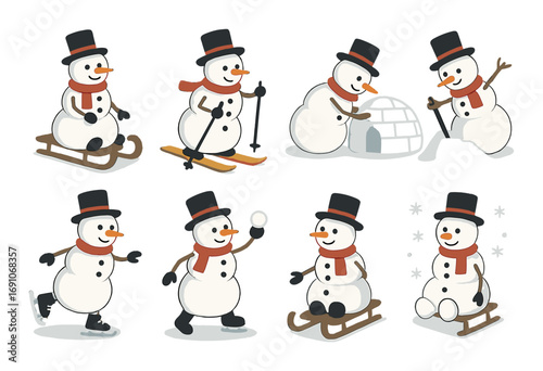 Playful cartoon snowmen engaging in various winter activities and sports