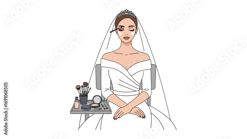 Elegant bride with closed eyes wearing a white wedding dress and veil seated with makeup and accessories on a small table beside her