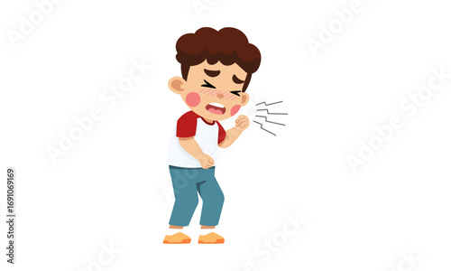 A young boy coughing, showing symptoms of illness.