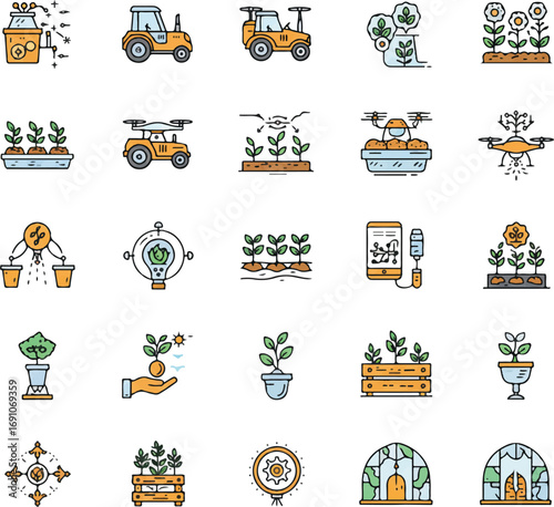 Collection of modern agricultural technology and farming icons, showcasing various tools and techniques.