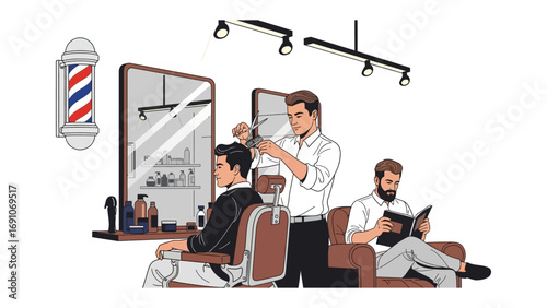 Skilled barber meticulously cuts hair for a client in a modern barbershop with a vintage barber pole and stylish interior design elements