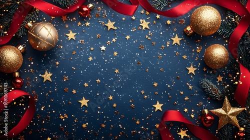 Festive Christmas background with golden stars red ribbons and ornaments on a dark blue surface