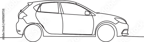 A minimalist continuous oneline drawing of a modern hatchback car in side profile view