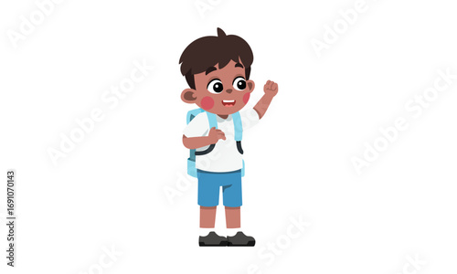 A cheerful cartoon schoolboy with dark skin and a blue backpack, smiling and waving hello.