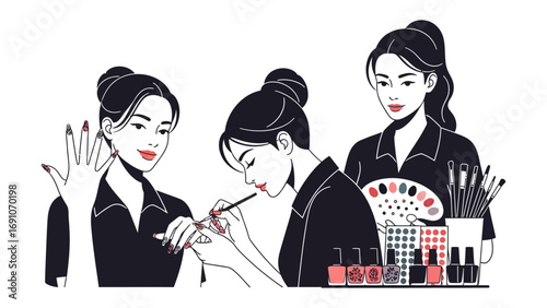 Three stylish young women applying makeup and nail polish with beauty products and tools in a clean studio setting