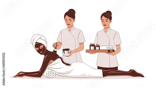 Two professional spa therapists in white uniforms attending to a client receiving a relaxing massage treatment with oils and lotions