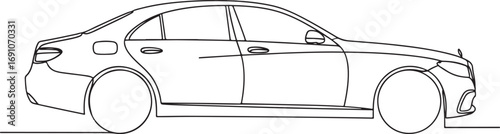 Side profile continuous line art drawing of a modern luxury sedan with sleek flowing body lines