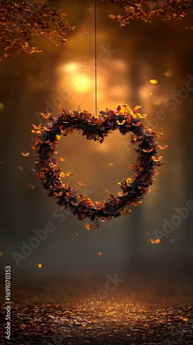 A heart-shaped wreath made of autumn leaves