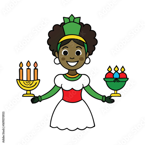 A festive Kwanzaa-themed drawing featuring symbols like the kinara, candles, fruits, and unity cup, celebrating African heritage, family, and culture with vibrant spirit.

