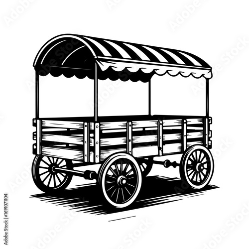 Rustic wooden wagon with striped canopy vintage carnival traveling booth hand drawn sketch style vector
