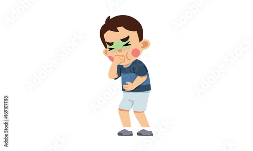 A young boy is feeling unwell and appears to be nauseous, holding his hand to his mouth.