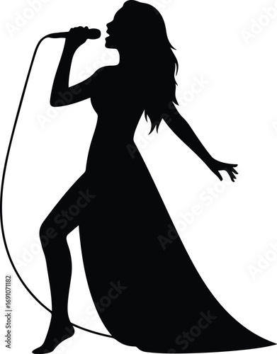 Elegant silhouette of singing woman passionately holding a microphone in her outstretched hand