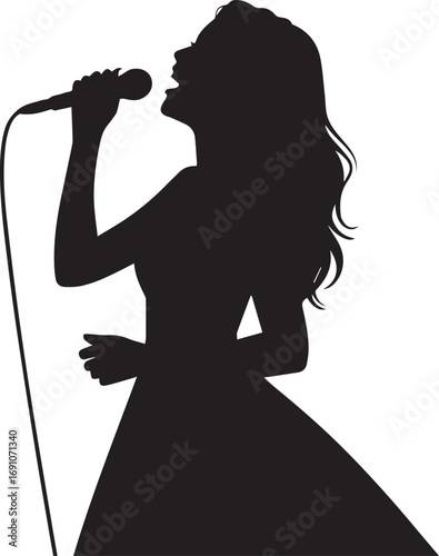 Silhouetted singer wearing gown enthusiastically performs into microphone while the has a transparent background