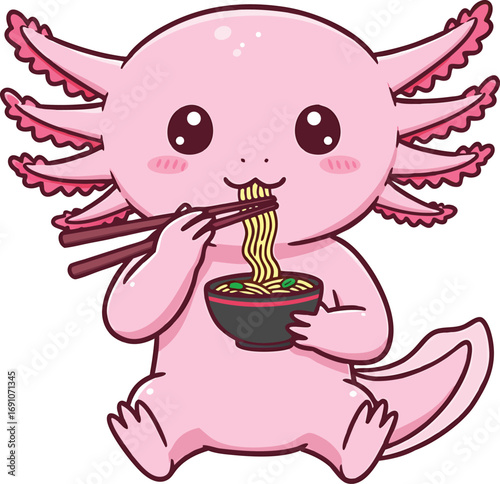 Adorable cartoon axolotl enjoying delicious noodles from a bowl with chopsticks