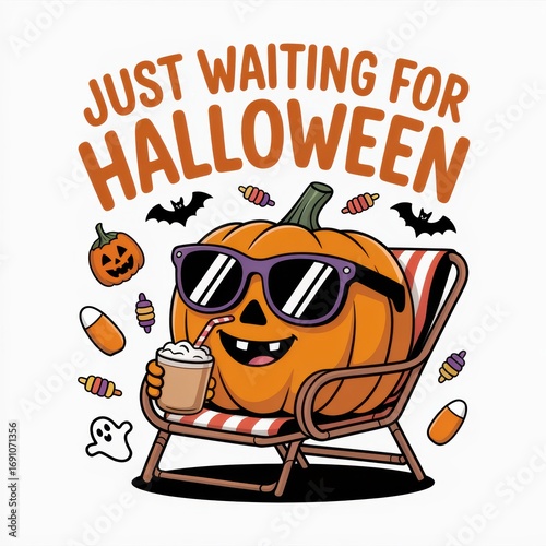 A cartoon pumpkin in sunglasses enjoys a drink, lounging in a chair with Halloween decorations, promoting a fun, festive vibe for the holiday.