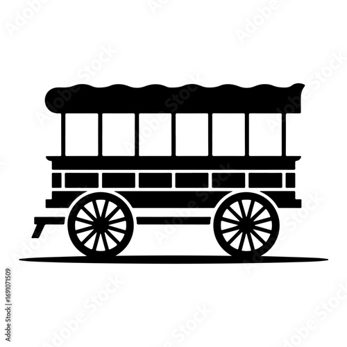 Silhouette of a vintage horse-drawn caravan with two wheels and a covered roof a historical transportation icon vector