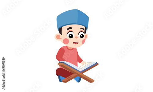 A cute cartoon Muslim boy wearing a blue cap and reading the Quran on a wooden bookstand against a white background.