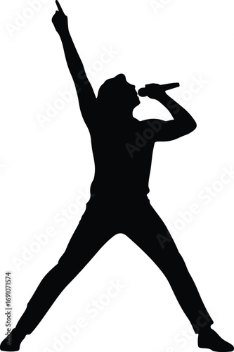 Vocalist sings dynamically with arm raised while standing with legs apart, showing silhouette