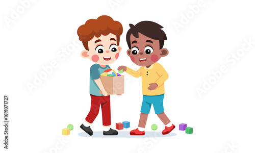 Two young boys sharing toys from a box, illustrating friendship and play.