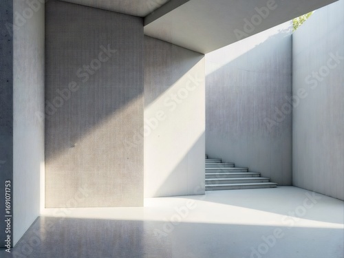 Concrete Interior with Striated Walls Staircase and Natural Light in Modern Minimalist Space