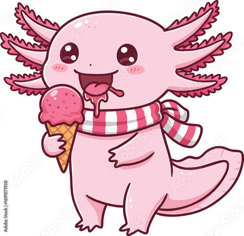 Adorable pink axolotl cartoon character enjoying strawberry ice cream cone delightfully