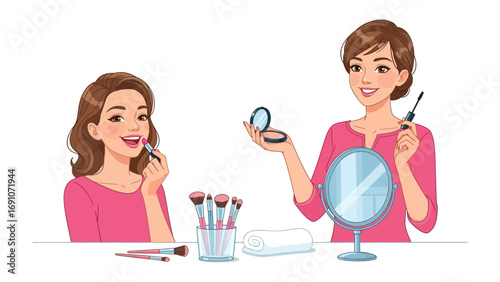 Professional hairstylist carefully drying a young woman s long dark hair with a hairdryer in a salon setting with styling tools on a table