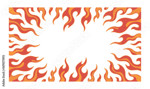  Flame effect background. Comic book fantastic hot red fire flames, burst round fire frame. Vector game burning texture in anime style for banner, poster and video overlay