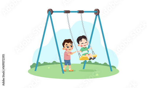 Two happy young boys enjoying a swing set on a sunny day in a park.
