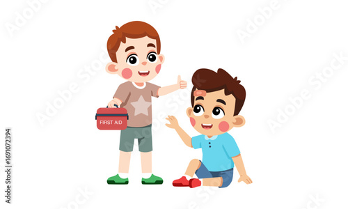 A kind boy offers first aid to his friend who has a minor head injury, showing care and support with a first aid kit.