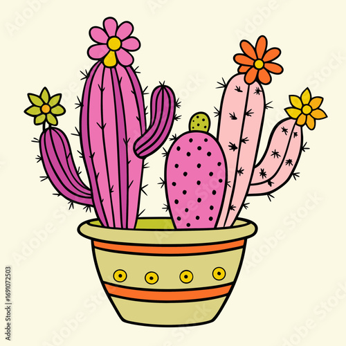 Vibrant potted cacti bloom with cheerful flowers, bringing a playful, desert-inspired charm to any creative project, perfect for digital art and design elements.
