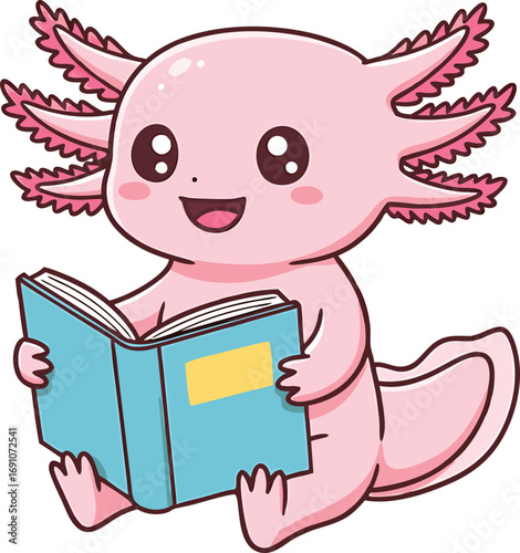Cute cartoon axolotl reading a book with a happy expression on its face