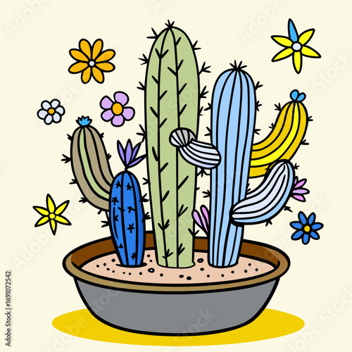 Vibrant potted desert plants bursting with colorful bloom accents bring cheerful botanical charm to any creative project or design.