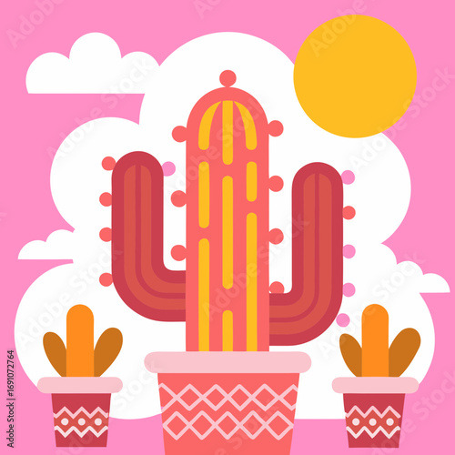 Vibrant potted cacti bloom under a cheerful sun and fluffy clouds, bringing a splash of modern desert charm to any creative project, perfect for playful branding and vibrant decor themes.